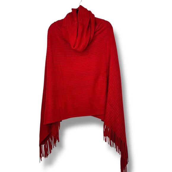BCBGMaxazria Holiday Red Ribbed Knit Fringe Cowl Neck Pullover Sweater Poncho OS - Picture 1 of 6